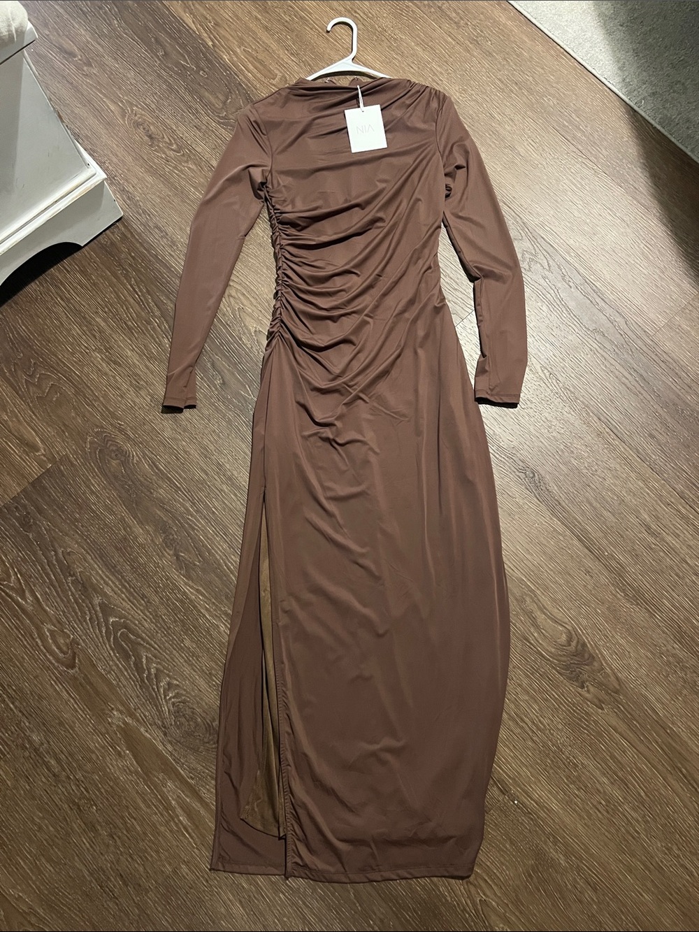 Ruched Side Long Sleeve Maxi Dress in Brown